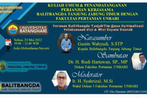Kuliah Umum & Penandatanganan Perjanjian Kerjasama BALITBANGDA Tanjung Jabung Timur dengan Fakultas Pertanian Unbari